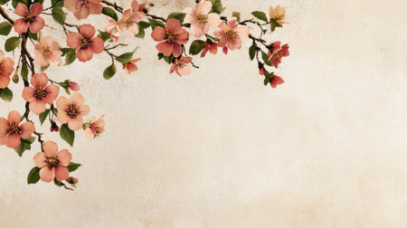 This image features a beautiful arrangement of soft pink blossoms framing a subtle textured background, perfect for adding a touch of elegance and serenity.の素材