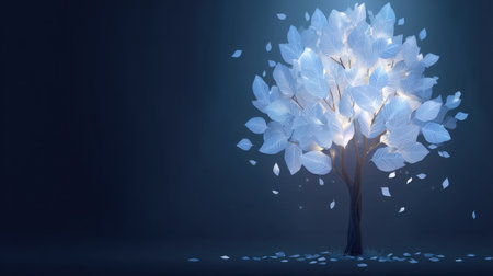 A stunning visual of a glowing white tree adorned with luminous leaves, creating an enchanting atmosphere. The minimalist backdrop enhances its beauty and serenity.の素材