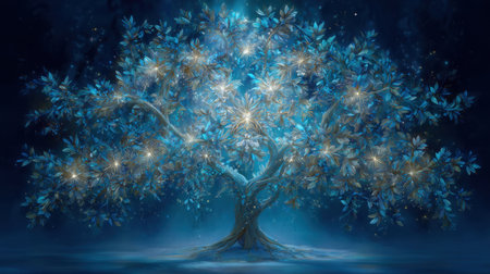 A stunning scene of a mystical tree glowing with ethereal light and vibrant blue leaves, set against a dreamy night sky filled with stars, evokes tranquility.の素材