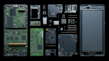 A detailed image showcasing disassembled smartphone components arranged artistically on a dark background, highlighting intricate electronic details and technology.の素材
