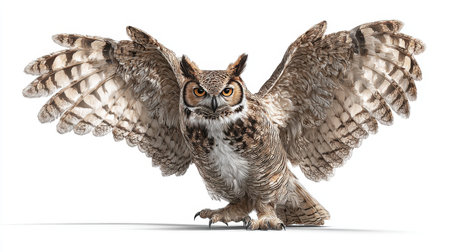This striking image features a majestic owl with its wings fully spread, showcasing its intricate feathers and intense gaze. Perfect for wildlife and nature themes.の素材