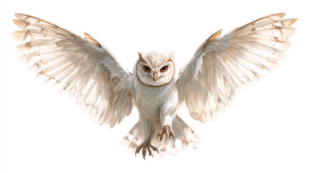 This stunning illustration showcases a white owl in mid-flight, highlighting its impressive wingspan and piercing gaze. It symbolizes beauty and grace in nature.の素材