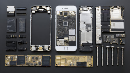 High-resolution image showcasing the intricate disassembly of a smartphone, featuring various components organized meticulously on a dark background. Perfect for technology-related projects.の素材