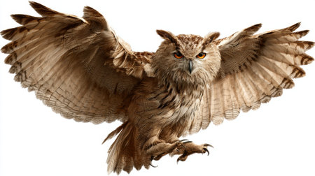 A stunning image of an owl in full flight, highlighting its magnificent wings and striking facial features. The owl showcases its natural beauty and fierce expression in mid-air.の素材