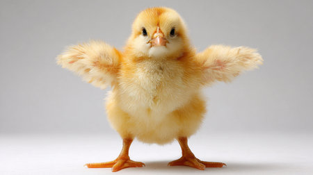 A charming chick with soft, fluffy feathers stands with wings outstretched. This delightful bird represents youth and innocence, perfect for spring themes.の素材