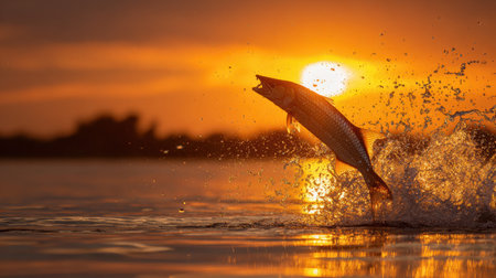 A stunning image of a fish leaping out of the water at sunset, creating splashes that reflect the vibrant colors of the sky. This serene scene captures the beauty and freedom of wildlife in their natural habitat.の素材