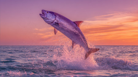 A breathtaking scene showcasing a fish leaping from ocean waters during sunset, creating a dynamic splash against a vibrant sky with colorful hues.の素材