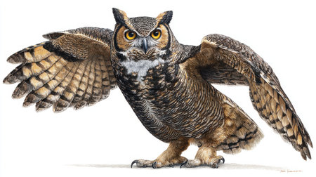This stunning illustration captures a majestic owl with outstretched wings, showcasing intricate feather details and striking eyes, set against a natural backdrop.の素材