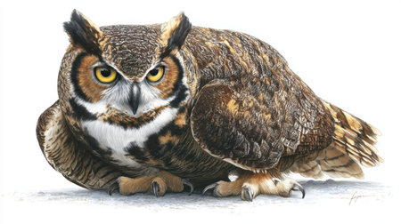 This stunning illustration captures a Great Horned Owl sitting gracefully, showcasing its striking yellow eyes and intricate feather patterns in detail.の素材
