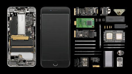 This image showcases a disassembled smartphone with all internal components organized around the device. It highlights the intricate hardware that makes smartphones functional, illustrating technology and innovation in electronics.の素材