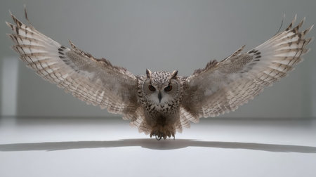 A breathtaking image of a majestic owl in mid-flight, showcasing its outstretched wings and stunning feather patterns against a simple background.の素材