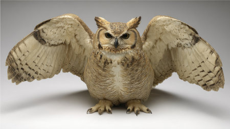 A stunning portrayal of an owl with its wings fully extended, highlighting the exquisite patterns of its feathers. The neutral backdrop emphasizes the bird's majestic features and intense gaze, perfect for wildlife enthusiasts or art decor.の素材