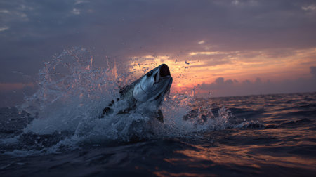 A stunning image capturing a fish as it leaps from the water at sunset, creating dynamic splashes against a backdrop of colorful clouds and a tranquil ocean.の素材