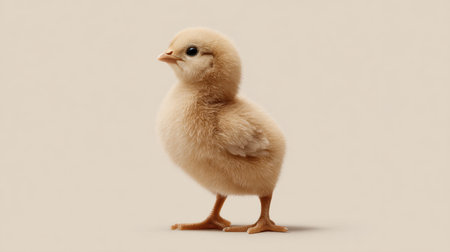 This charming fluffy chick stands gracefully on a soft beige background, showcasing its cute features and playful stance, embodying innocence and new life.の素材