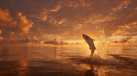 A breathtaking scene capturing a fish leaping dramatically from the serene ocean surface during a vibrant sunset filled with colorful clouds.の素材