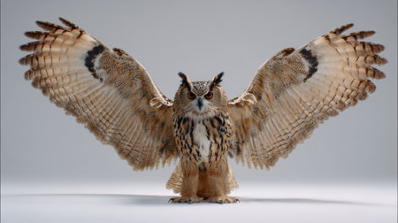 A breathtaking representation of a majestic owl showcasing its powerful wings and detailed feathers. This studio photograph captures the intensity of its gaze and the beauty of nature.の素材