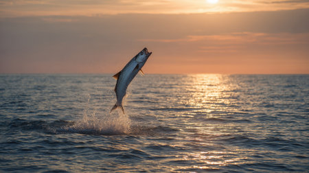 A breathtaking moment captures a fish leaping from calm ocean waters under a stunning golden sunset, creating a splash that reflects nature's beauty.の素材