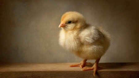 This charming image features a young yellow chick standing gracefully on a wooden surface, radiating warmth and innocence. The soft lighting enhances its fluffy texture against a subtle backdrop, perfect for themes of nature and new beginnings.の素材