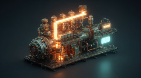 This detailed 3D render showcases a futuristic industrial engine featuring glowing tubes and intricate mechanical parts, perfect for illustrating technological innovation in design.の素材