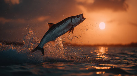 A magnificent fish leaps out of the water, creating a splash as it briefly breaks the surface against a breathtaking sunset backdrop, showcasing nature's beauty.の素材
