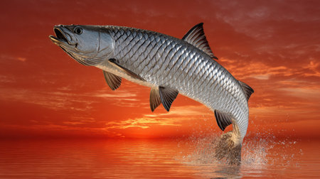 A stunning fish leaps above calm waters, creating ripples against a backdrop of a breathtaking sunset. The vibrant colors illuminate the serene landscape.の素材