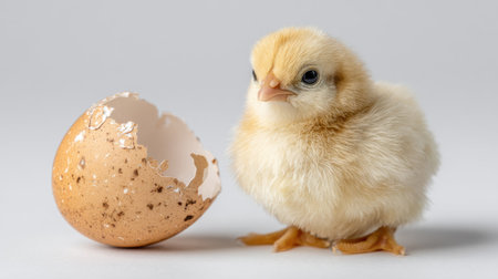 A cute newborn chick stands beside a broken eggshell, showcasing softness and innocence against a gentle gray background. Perfect for nature-themed projects.の素材