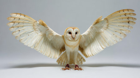 This captivating image features a barn owl with its wings fully open, showcasing intricate feather patterns and distinctive facial features, set against a soft background.の素材