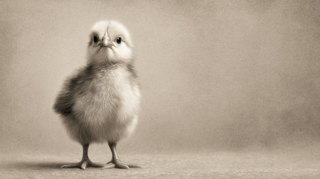 This charming image features a fluffy chick standing in a vintage style setting, showcasing its innocent and curious expression. Perfect for nature themes.の素材