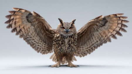 This stunning close-up image showcases the majestic Eurasian eagle owl with outstretched wings, revealing intricate feather details and piercing eyes.の素材