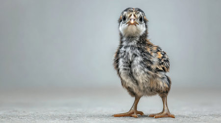 This image captures a charming baby bird with fluffy feathers standing on a gray background. The soft features and playful expression evoke innocence and curiosity.の素材