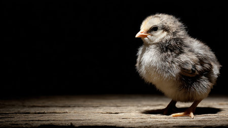 A charming close-up of a cute baby chick, showcasing its fluffy feathers and tiny beak against a rustic wooden background, illuminated softly.の素材