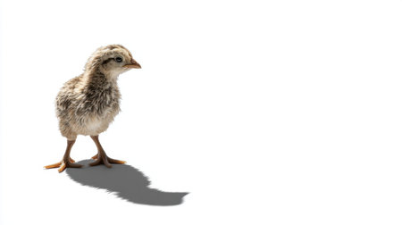 A charming young chick stands alone against a pristine white background, casting a soft shadow that enhances its adorable features and fluffy texture.の素材