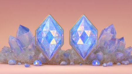 Stunning blue crystal gemstones feature intricate facets that catch the light beautifully, set against a soft pink backdrop, ideal for luxury designs.の素材
