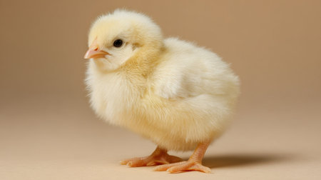 This image features an adorable yellow chick standing alone on a soft pastel background, capturing its innocence and charm in a captivating manner.の素材