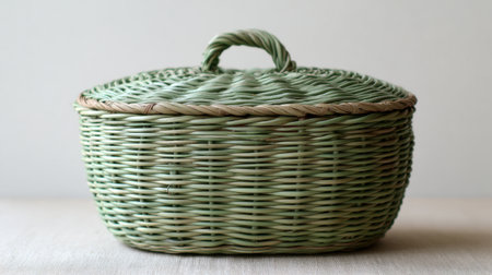 This handcrafted woven basket features a charming soft green color and a convenient lid, perfect for stylish storage and home decor accents.の素材