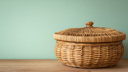 A beautifully crafted woven basket with a lid rests on a wooden surface, showcasing its natural texture and rustic charm against a soft green backdrop.の素材