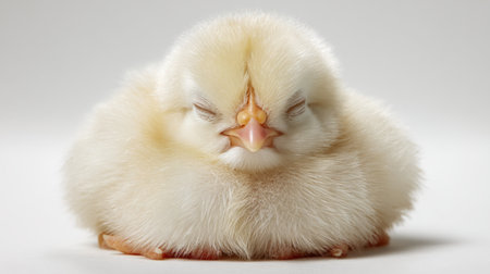 This charming image features a fluffy baby chick with soft yellow feathers resting peacefully, evoking feelings of innocence and warmth against a plain backdrop.の素材