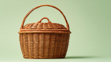 This woven rattan basket features a classic design with a handle and lid, ideal for home storage or stylish picnic outings. The soft green background enhances its rustic charm.の素材