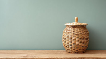Explore a serene scene featuring a beautifully woven basket resting on a wooden counter, set against a soft green wall. Perfect for cozy home aesthetics.の素材