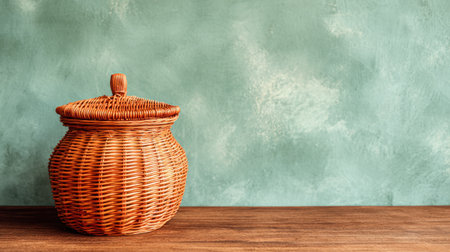 A rustic woven basket sits elegantly on a wooden table against a textured green background, embodying warmth and simplicity. Ideal for decor.の素材