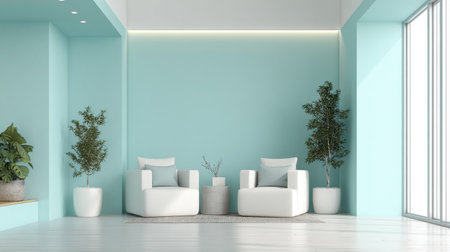 A modern living room features soothing turquoise walls paired with white furniture and lush indoor plants, creating a bright and inviting atmosphere perfect for relaxation.の素材