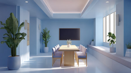 This image showcases a modern meeting room with blue walls, abundant natural light, and stylish furniture. Indoor plants enhance the inviting atmosphere, making it a perfect setting for collaboration and creativity in a professional environment.の素材