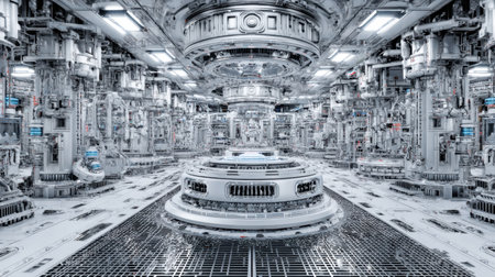 This stunning image showcases a sophisticated futuristic laboratory filled with intricate mechanical structures and advanced technology, emphasizing innovation and design.の素材