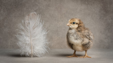 A charming chick stands beside a large, soft feather, illustrating themes of growth and fragility in nature. The soft tones create a serene atmosphere.の素材