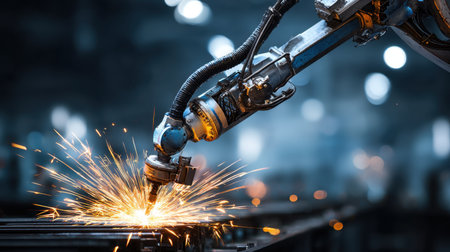 A high-tech robotic arm operates in a manufacturing facility, creating sparks during the welding process, showcasing modern industrial automation and precision.の素材