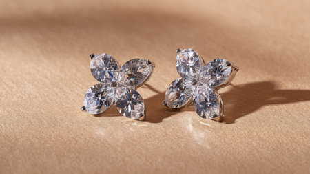 Enhance your style with these elegant floral design stud earrings, featuring sparkling gemstones that catch the light beautifully on a soft textured surface.の素材