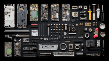 A flat lay of disassembled mobile phone parts on a dark background, showcasing various components, tools, and fasteners for a technology repair concept.の素材