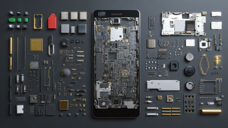 This image showcases a detailed view of smartphone components meticulously arranged on a metallic surface, highlighting the innovation and precision involved in modern electronics.の素材