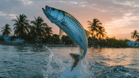 A dramatic moment captured of a fish leaping out of the glistening ocean waters at sunrise, surrounded by lush palm trees and radiant skies.の素材