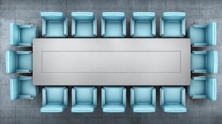 Aerial view of a modern conference room featuring a large metal table surrounded by stylish blue chairs, perfect for meetings and discussions.の素材